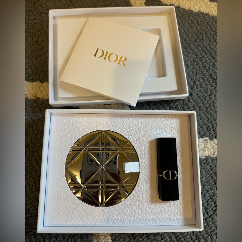 DIOR Silver Cannage Metal Double Sided Mirror and Lipstick Set New In Box!!